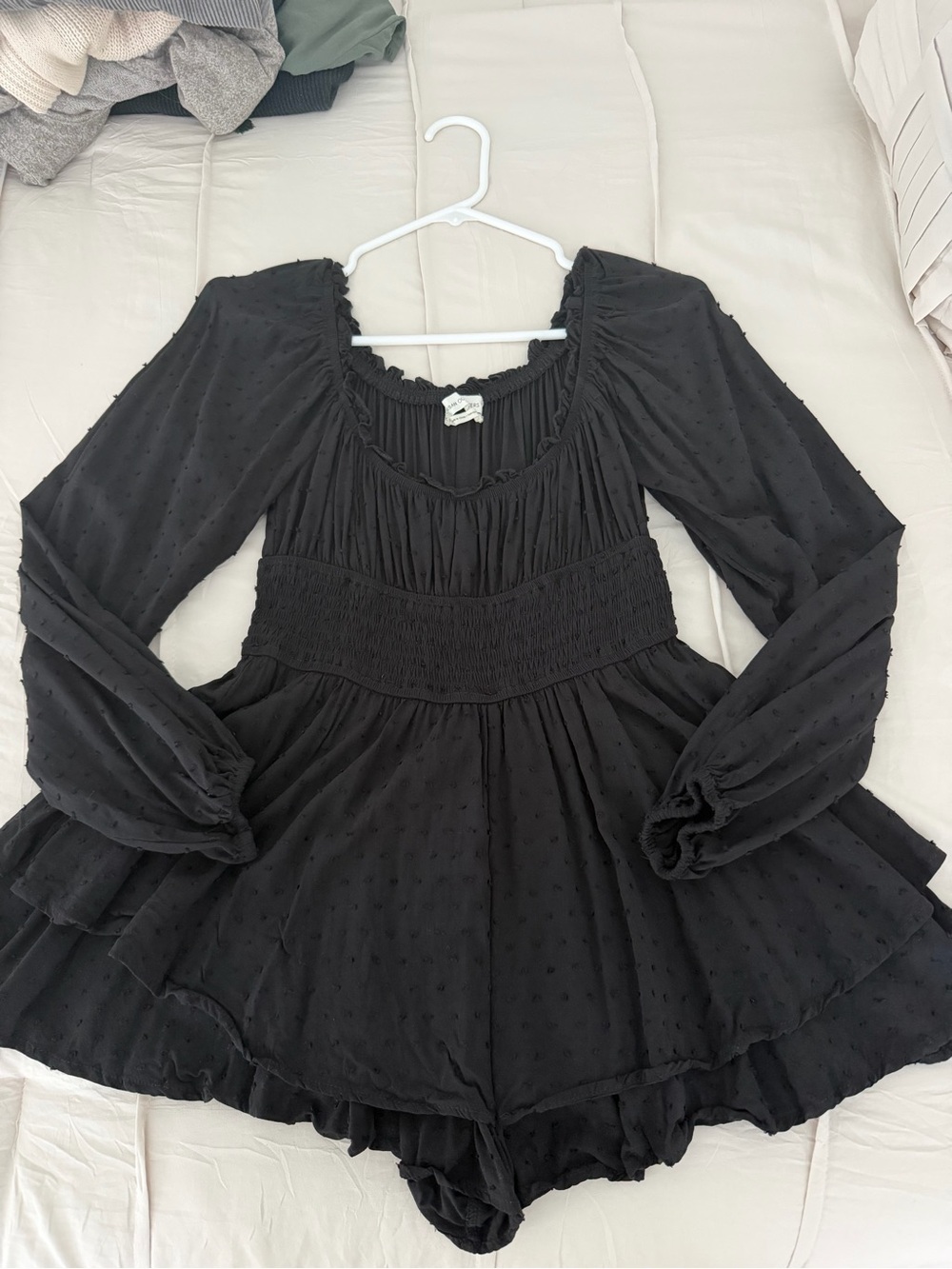 Urban Outfitters Black Long-Sleeve Smocked-Waist Mini Dress Romper